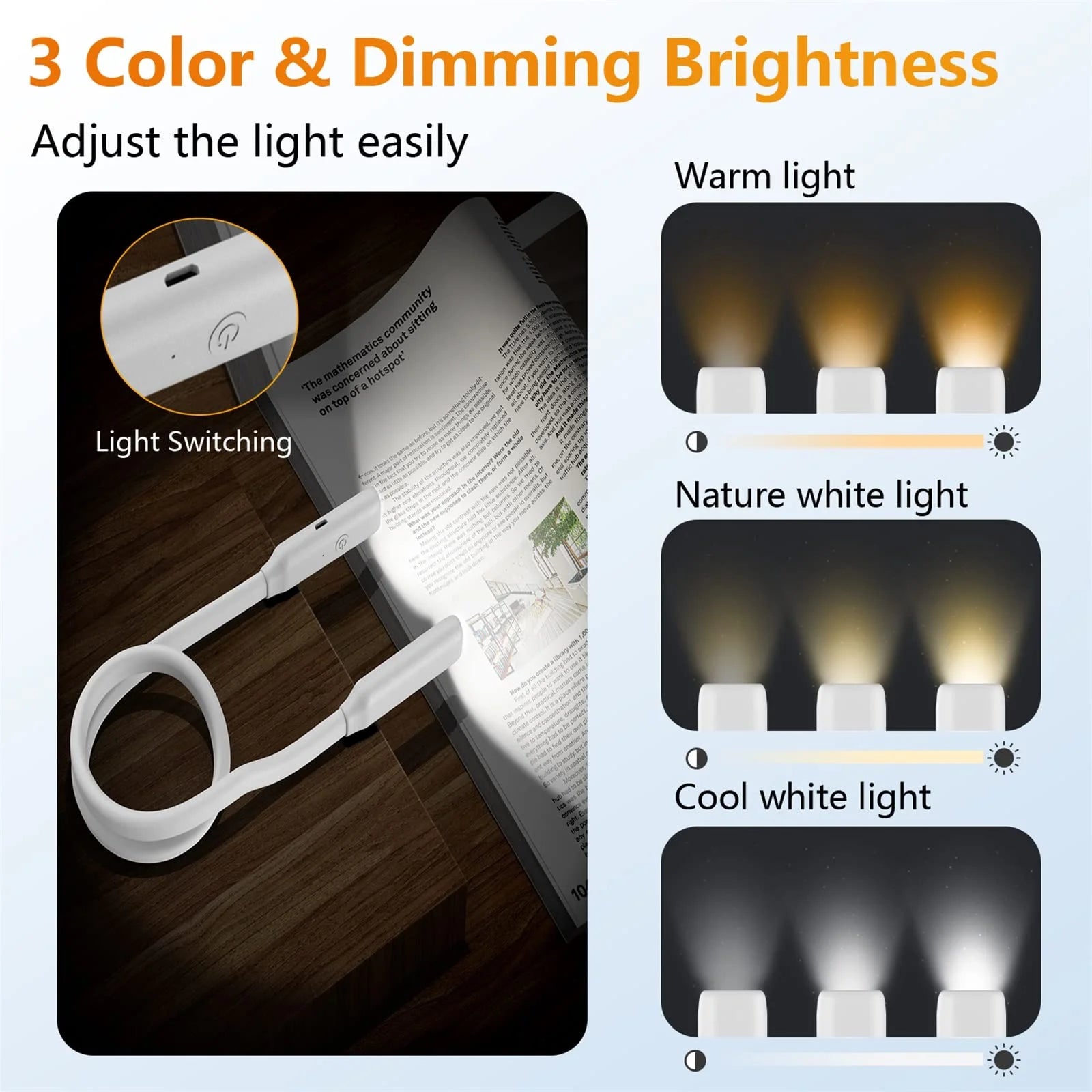 Rechargeable Anion LED Neck Light, 3-Color & Stepless Dimming Reading Lighting, Bendable Neck Light, Perfect Book Light for Reading in Bed, Knitting, Camping, Repairing, Book Lovers Gifts，White