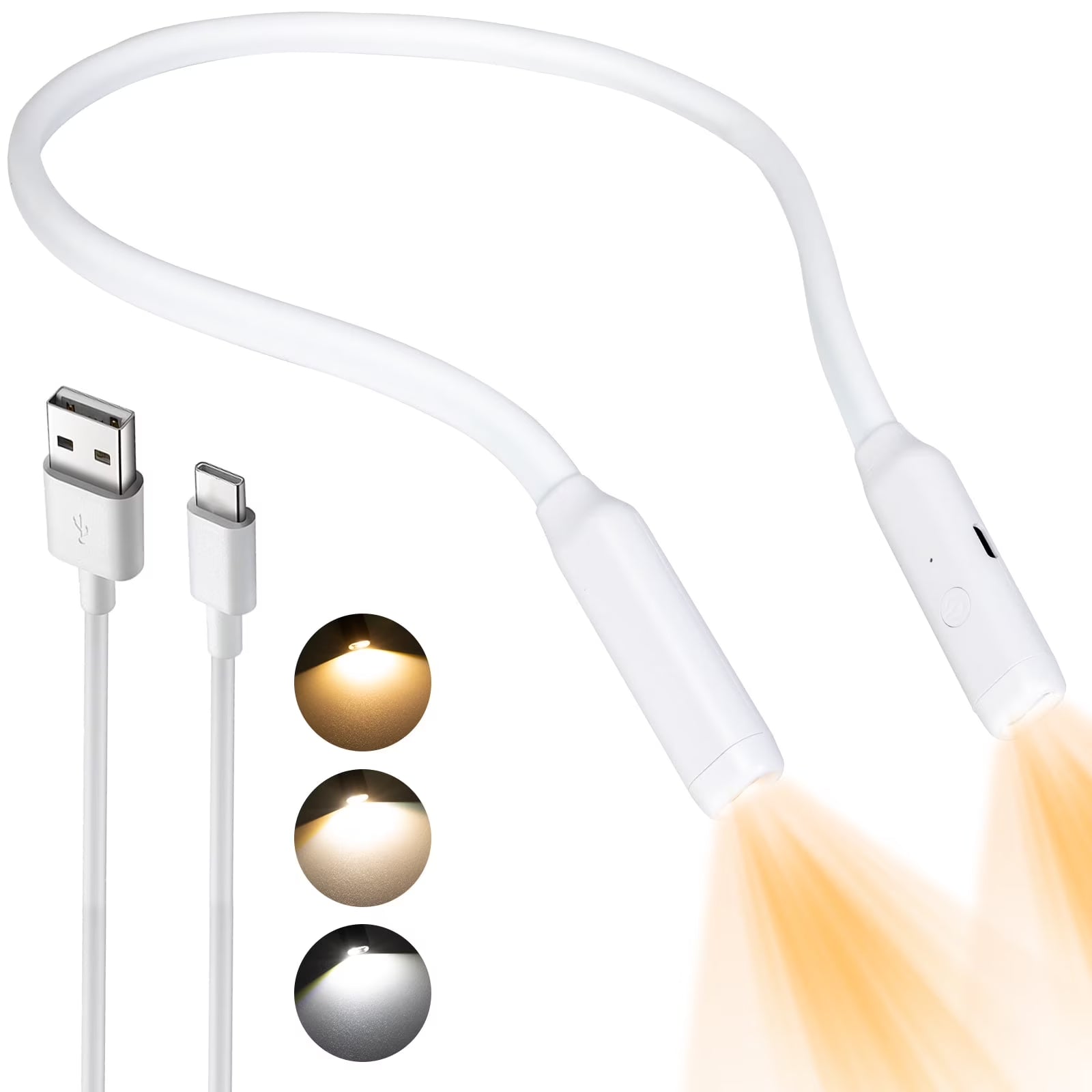Rechargeable Anion LED Neck Light, 3-Color & Stepless Dimming Reading Lighting, Bendable Neck Light, Perfect Book Light for Reading in Bed, Knitting, Camping, Repairing, Book Lovers Gifts，White